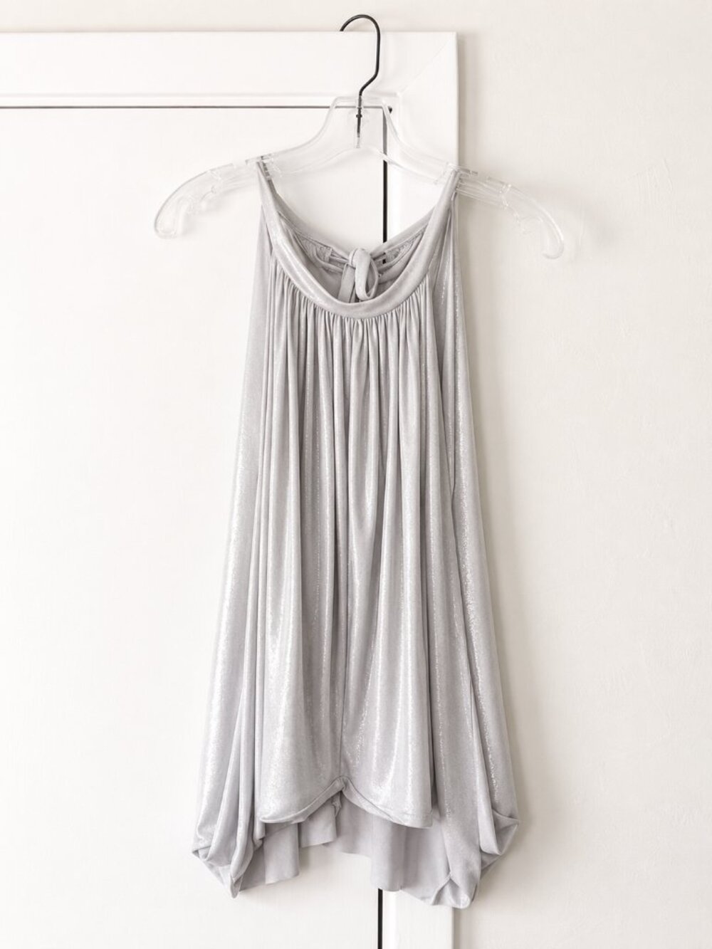Rozae Nichols Silver Metallic Tank Top Halter Tunic Draped Party S